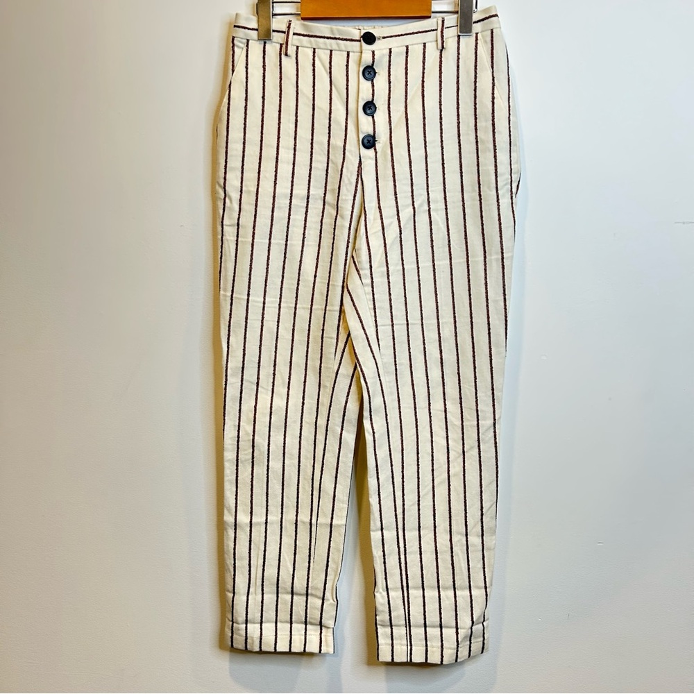 Chloe Stora Cotton Linen Striped Ankle Crop Straight Leg Pants Cream